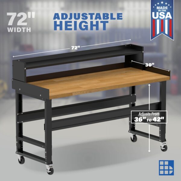 Image showcasing adjustable workbench and sizes for a 72" wide mobile work bench