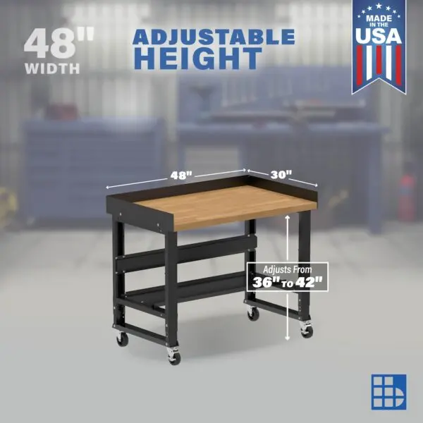 Image showcasing adjustable workbench and sizes for a 48" wide mobile garage workbench