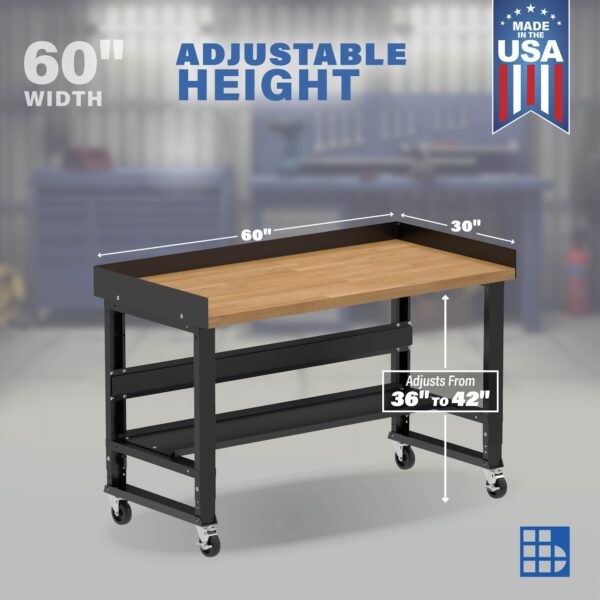 Image showcasing adjustable workbench and sizes for a 60" wide mobile garage workbench