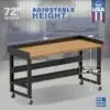 72" Wide Rolling Adjustable Height Workbench with Hardwood Top, Bottom Shelf, Edge Guards, and Casters