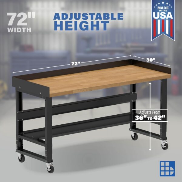 72" Wide Rolling Adjustable Height Workbench with Hardwood Top, Bottom Shelf, Edge Guards, and Casters