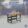 Image showcasing adjustable workbench and sizes for a 48" wide mobile solid wood top workbench