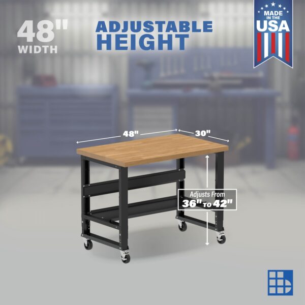 Image showcasing adjustable workbench and sizes for a 48" wide mobile solid wood top workbench