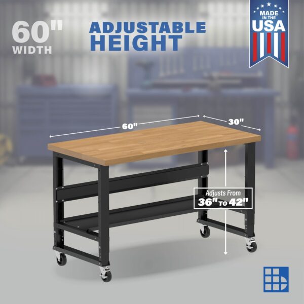 Image showcasing adjustable workbench and sizes for a 60" wide mobile solid wood top workbench
