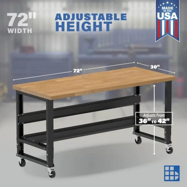 72" Wide Rolling Adjustable Height Workbench with Hardwood Top, Bottom Shelf, and Casters