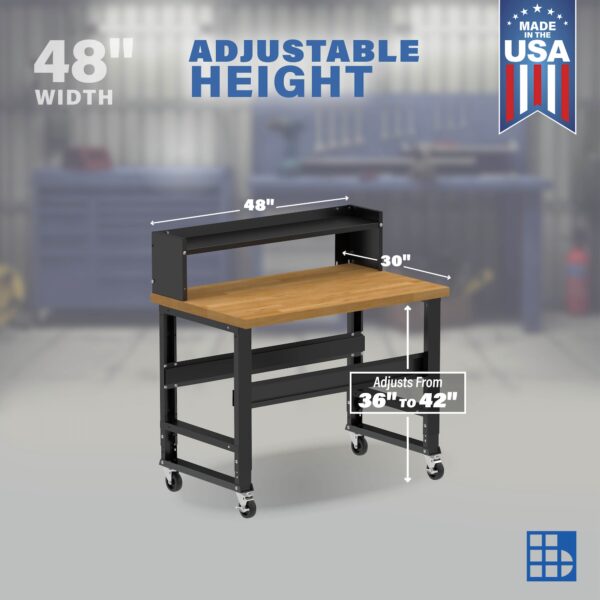 Image showcasing adjustable workbench and sizes for a 48" wide rolling workbench