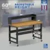 Image showcasing adjustable workbench and sizes for a 60" wide rolling workbench
