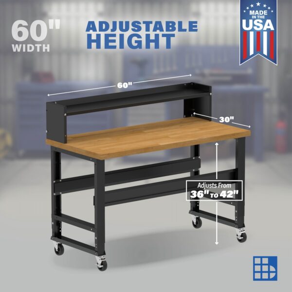 Image showcasing adjustable workbench and sizes for a 60" wide rolling workbench