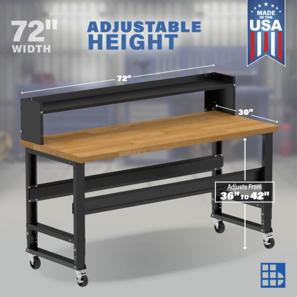72" Wide Rolling Adjustable Height Workbench with Hardwood Top, Ledge Shelf, and Casters