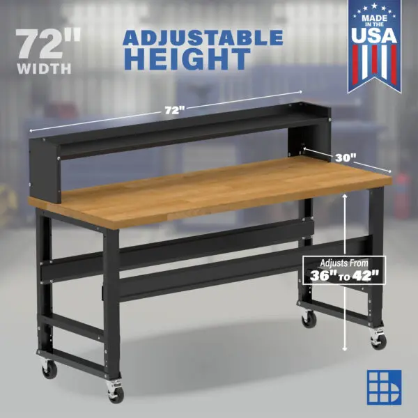 72" Wide Rolling Adjustable Height Workbench with Hardwood Top, Ledge Shelf, and Casters