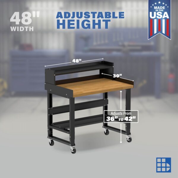 Image showcasing adjustable workbench and sizes for a 4 ft wood top mobile workbench