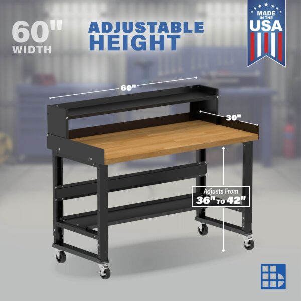 Image showcasing adjustable workbench and sizes for a 60 inch wood top mobile workbench