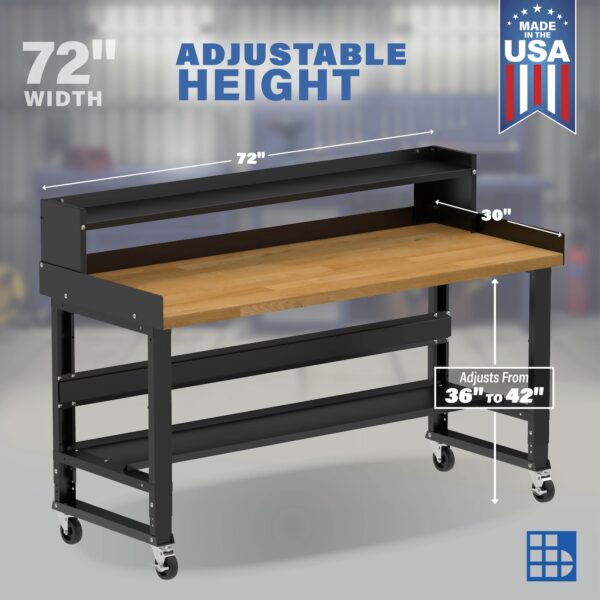 Image showcasing adjustable workbench and sizes for a 6 ft wood top mobile workbench