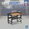 Image showcasing adjustable workbench and sizes for a 48" wide rolling hardwood workbench