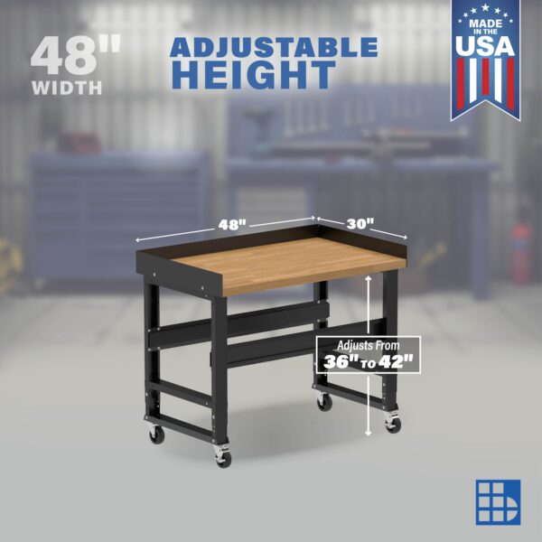 Image showcasing adjustable workbench and sizes for a 48" wide rolling hardwood workbench