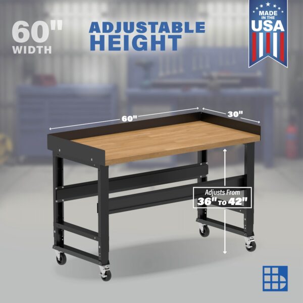 Image showcasing adjustable workbench and sizes for a 60" wide rolling hardwood workbench