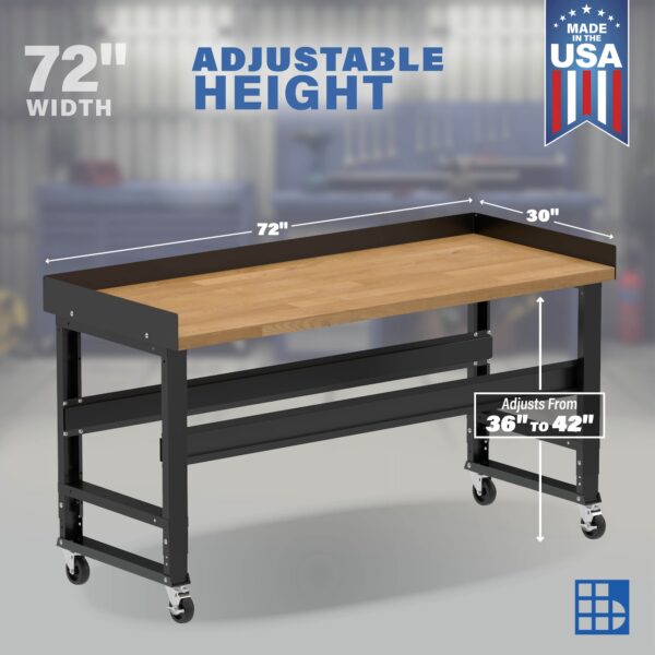 72" Wide Rolling Adjustable Height Workbench with Hardwood Top, Edge Guards, and Casters