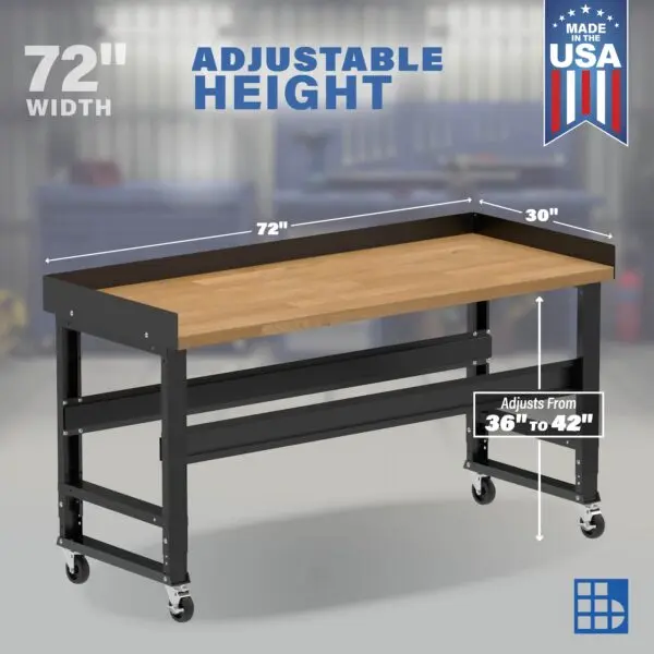 72" Wide Rolling Adjustable Height Workbench with Hardwood Top, Edge Guards, and Casters