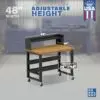 Image showcasing adjustable workbench and sizes for a 48" wide workbench on casters
