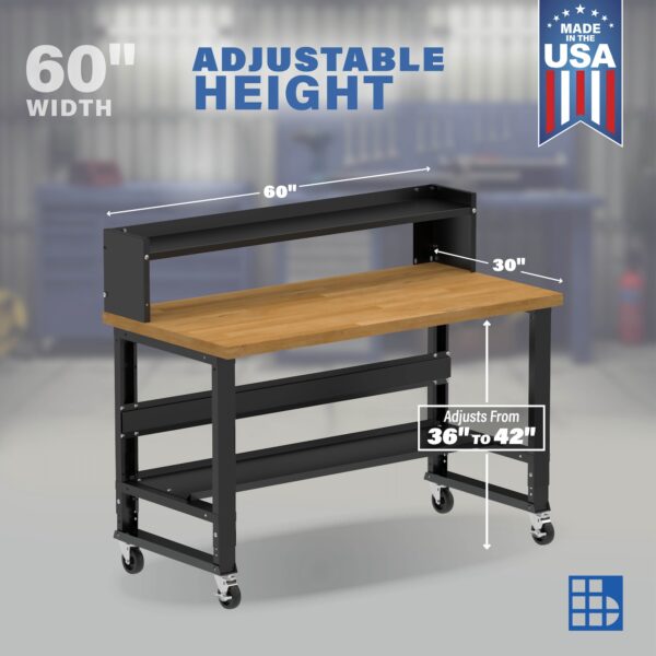 Image showcasing adjustable workbench and sizes for a 60" wide workbench on casters