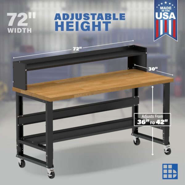 Image showcasing adjustable workbench and sizes for a 72" wide workbench on casters