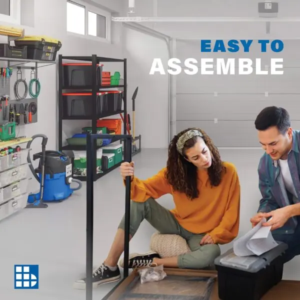 Image of man and woman assembling a garage workbench
